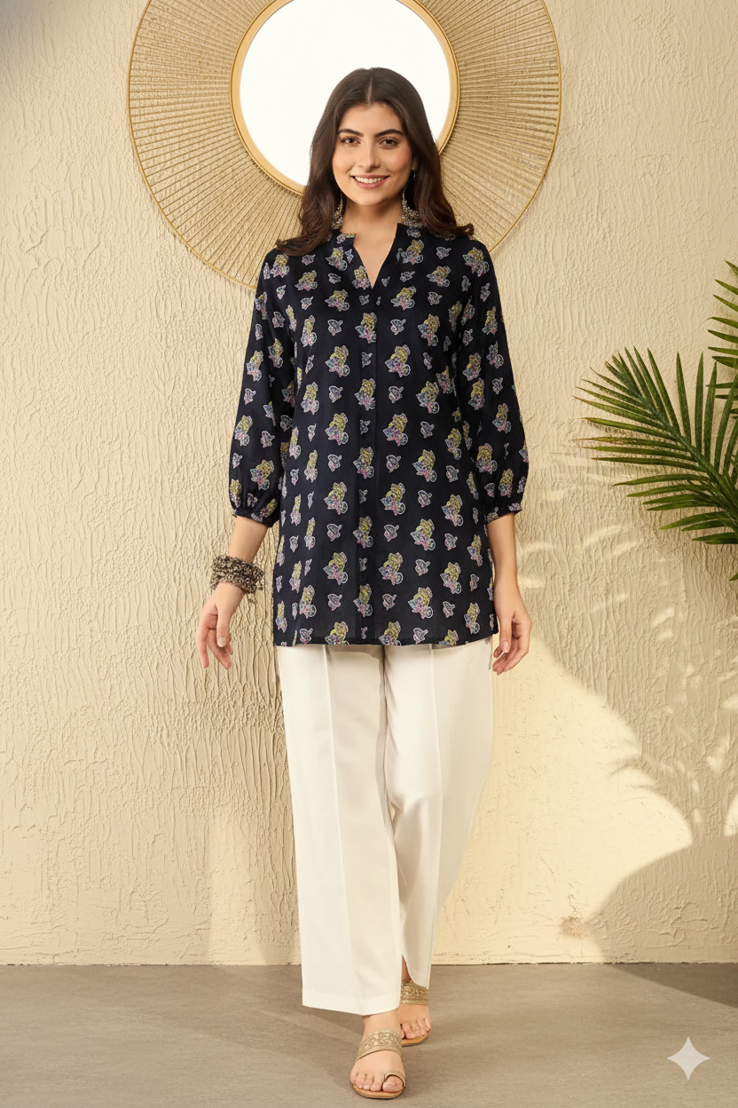 Navy Blue Cotton Blend Ethnic Motifs Printed Regular Tunic