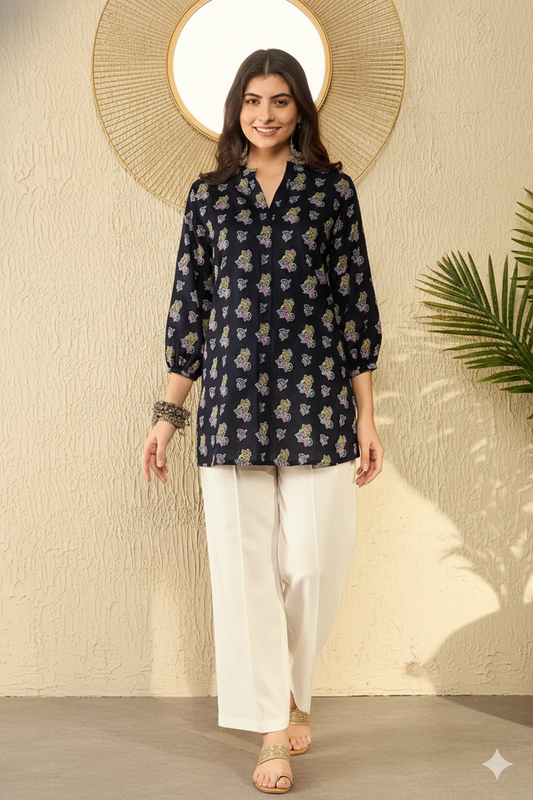 Navy Blue Cotton Blend Ethnic Motifs Printed Regular Tunic