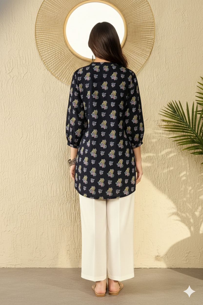 Navy Blue Cotton Blend Ethnic Motifs Printed Regular Tunic