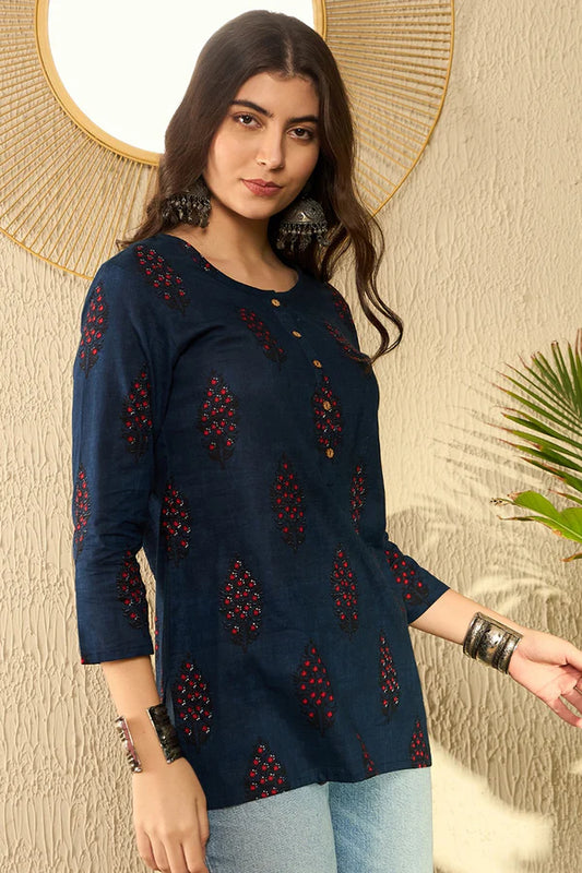 Navy Blue Cotton Blend Ethnic Motifs Printed Regular Tunic