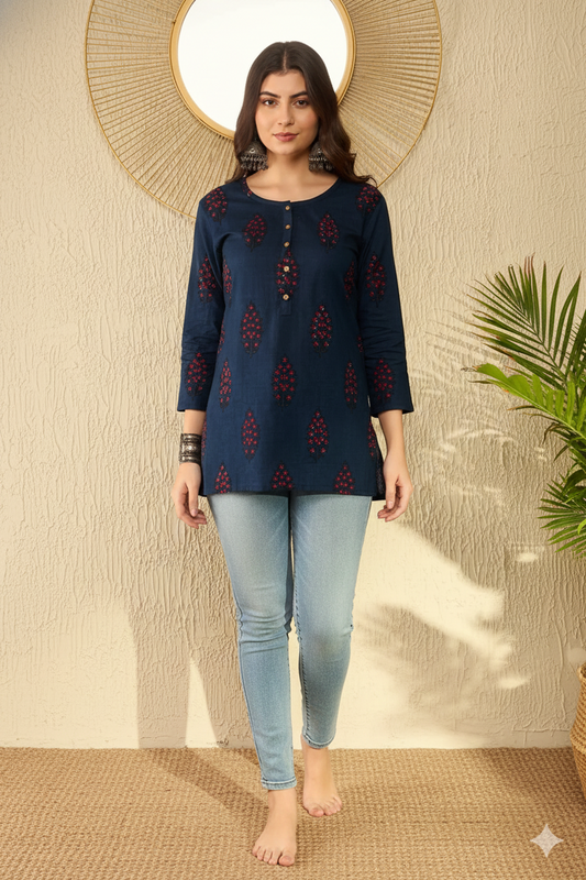 Navy Blue Cotton Blend Ethnic Motifs Printed Regular Tunic