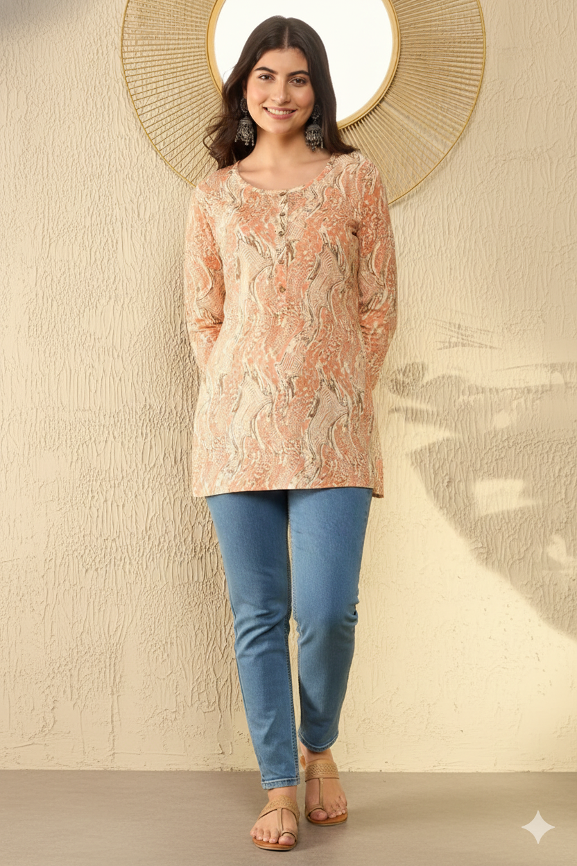 Orange Cotton Blend Abstract Printed Regular Tunic