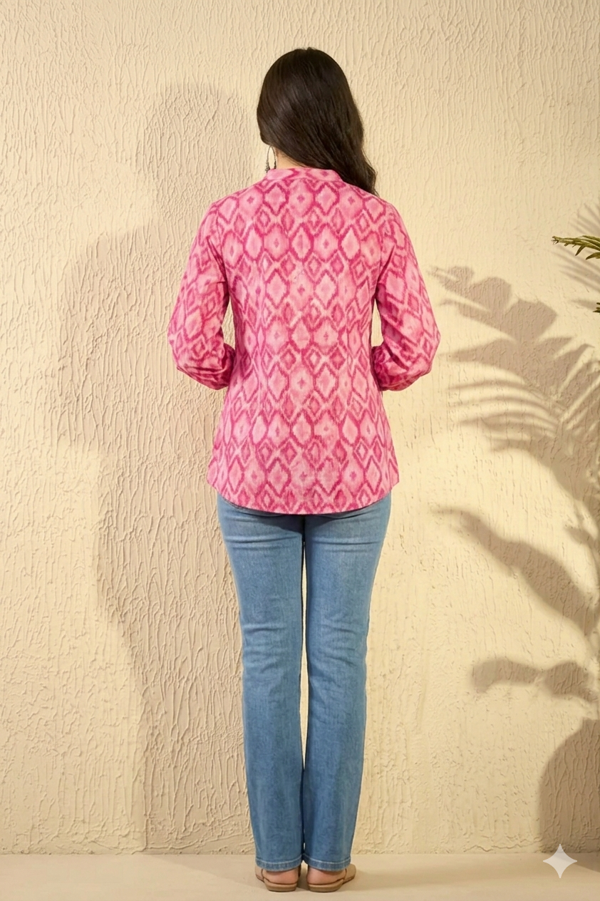 Pink Cotton Blend Ikat Printed Regular Tunic