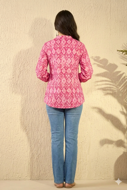 Pink Cotton Blend Ikat Printed Regular Tunic