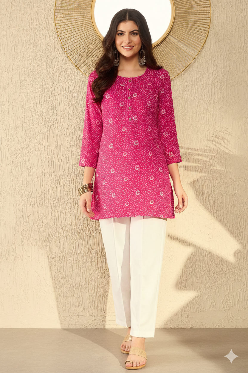 Pink Cotton Blend Bandhani Printed Regular Tunic