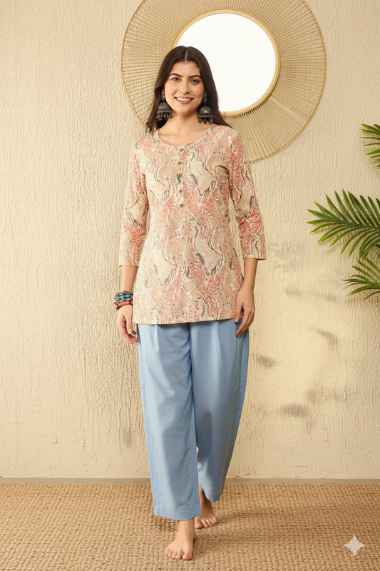 Red Cotton Blend Abstract Printed Regular Tunic 