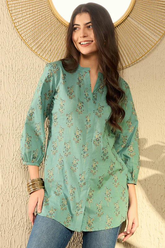 Sea Green Cotton Blend Floral Printed Regular Tunic 