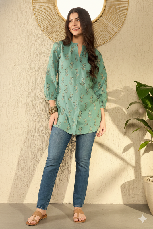 Sea Green Cotton Blend Floral Printed Regular Tunic 