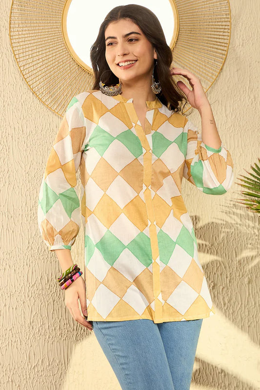 White Cotton Blend Geometric Printed Regular Tunic