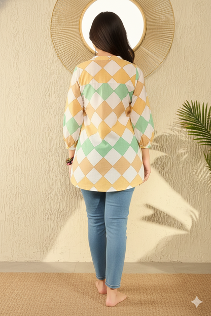 White Cotton Blend Geometric Printed Regular Tunic