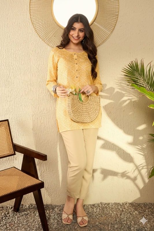 Yellow Cotton Blend Bandhani Printed Regular Tunic