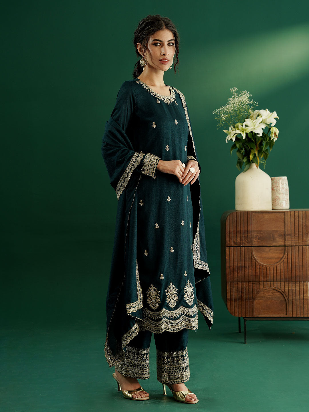dhartii Festive Striking Teal Blue Heavy Embroidered Suit Set with Palazzo and Dupatta (3 Piece Set)