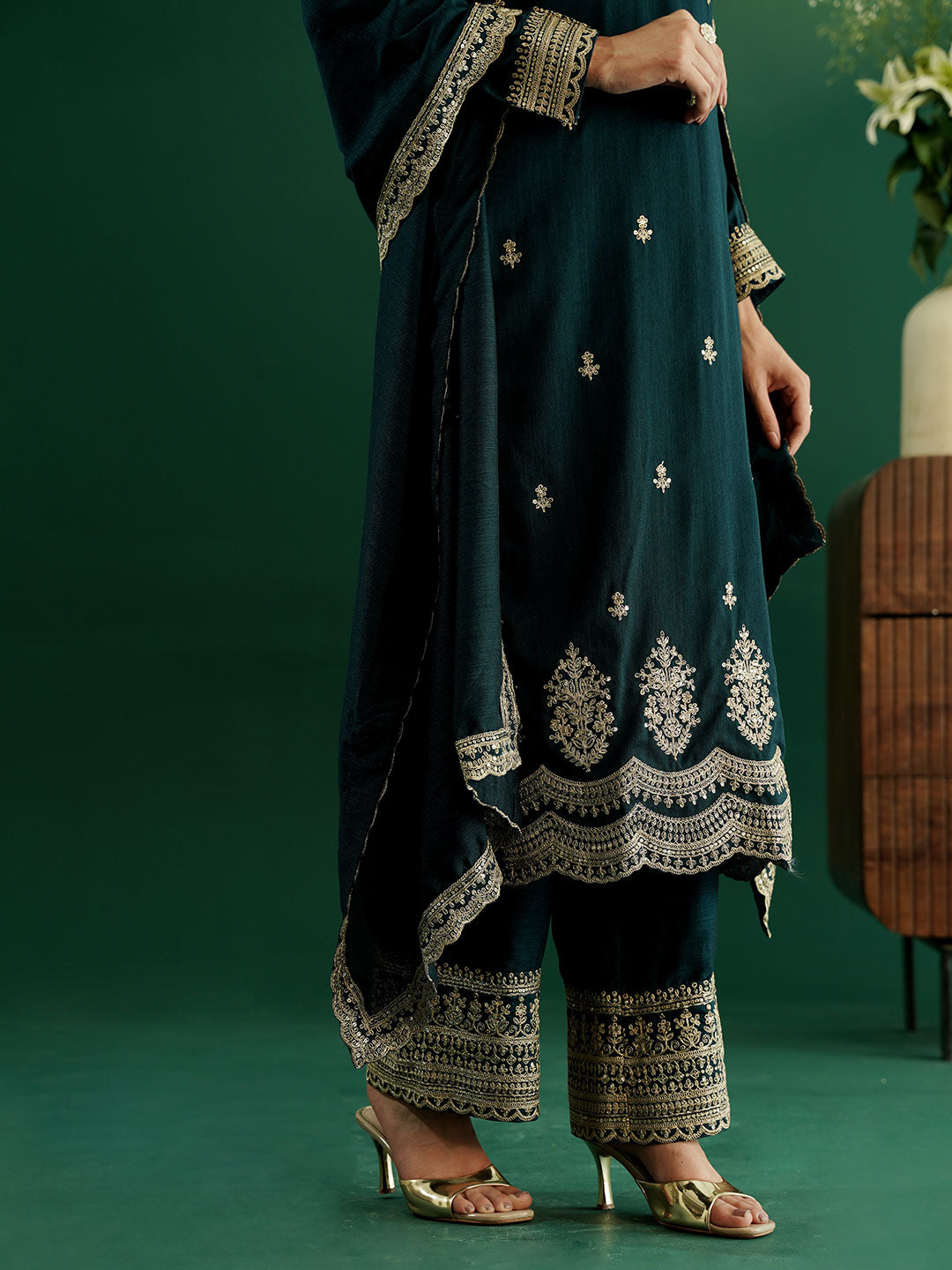 dhartii Festive Striking Teal Blue Heavy Embroidered Suit Set with Palazzo and Dupatta (3 Piece Set)