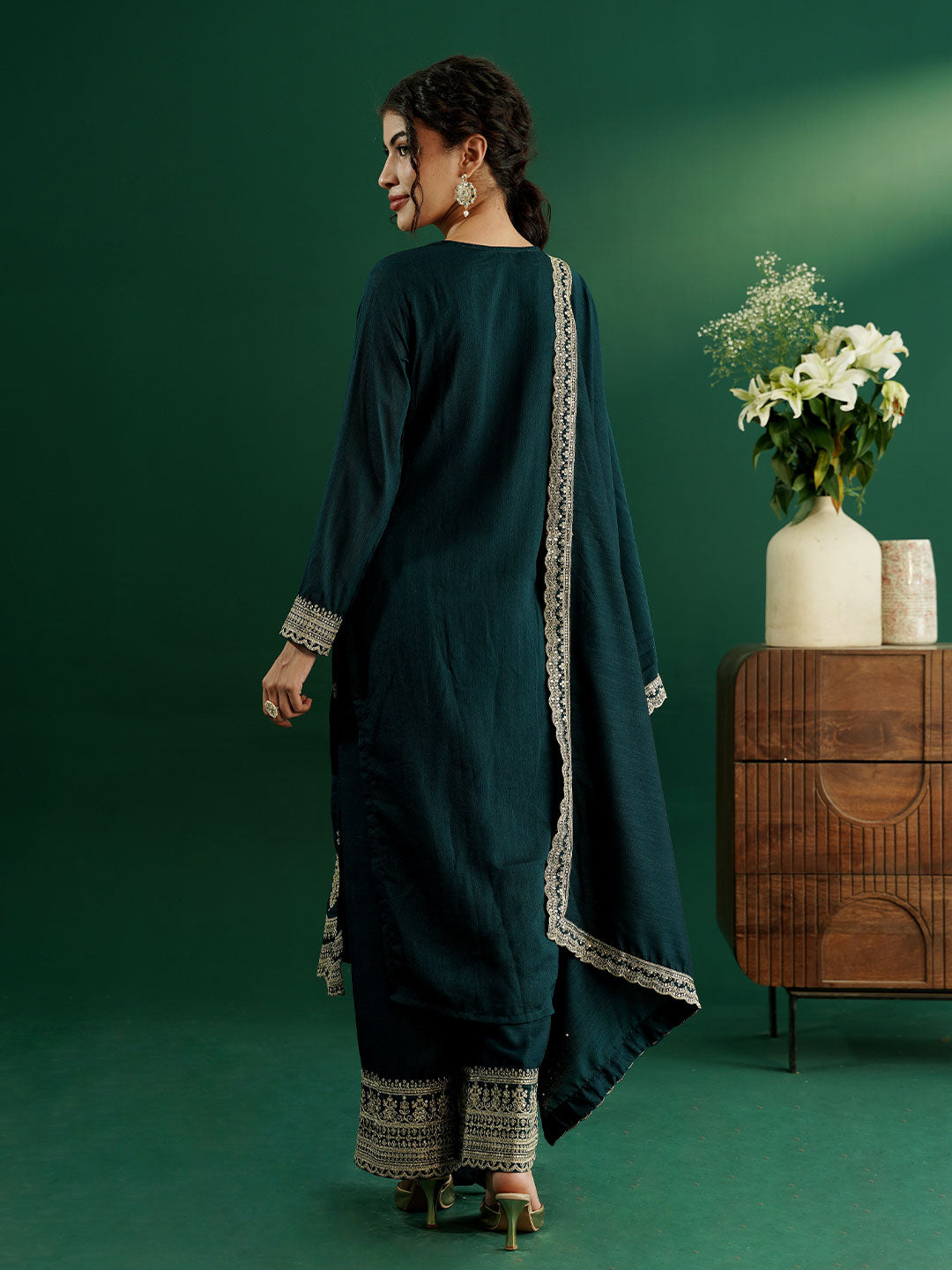 dhartii Festive Striking Teal Blue Heavy Embroidered Suit Set with Palazzo and Dupatta (3 Piece Set)