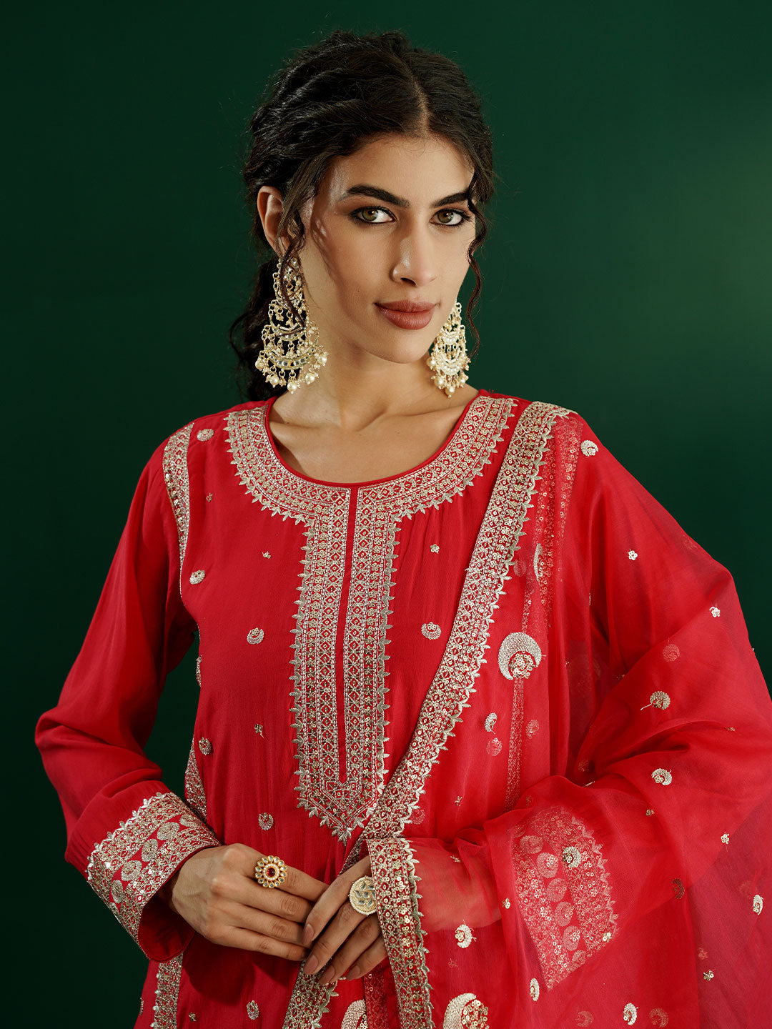 dhartii Elite Festive Red  Embroidered Suit Set with Organza Dupatta and Pants (3 Piece Set)