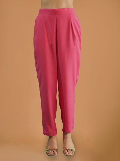 Fuchsia Pink Floral Printed Rayon Slub Straight Suit Set