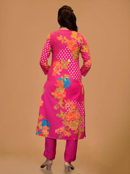 Fuchsia Pink Floral Printed Rayon Slub Straight Suit Set