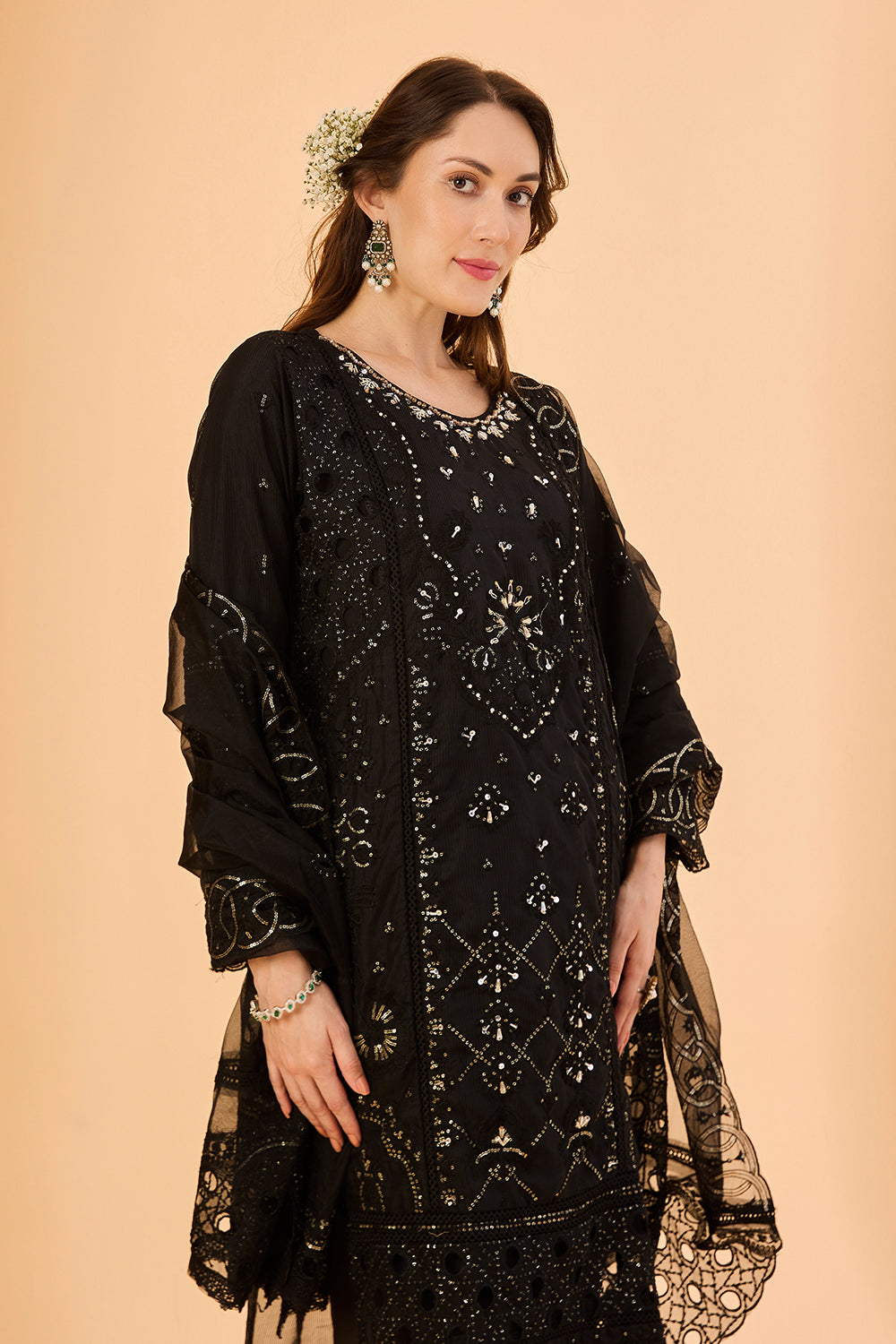 dhartii  Black Ethnic Embroidered Organza Suit Set