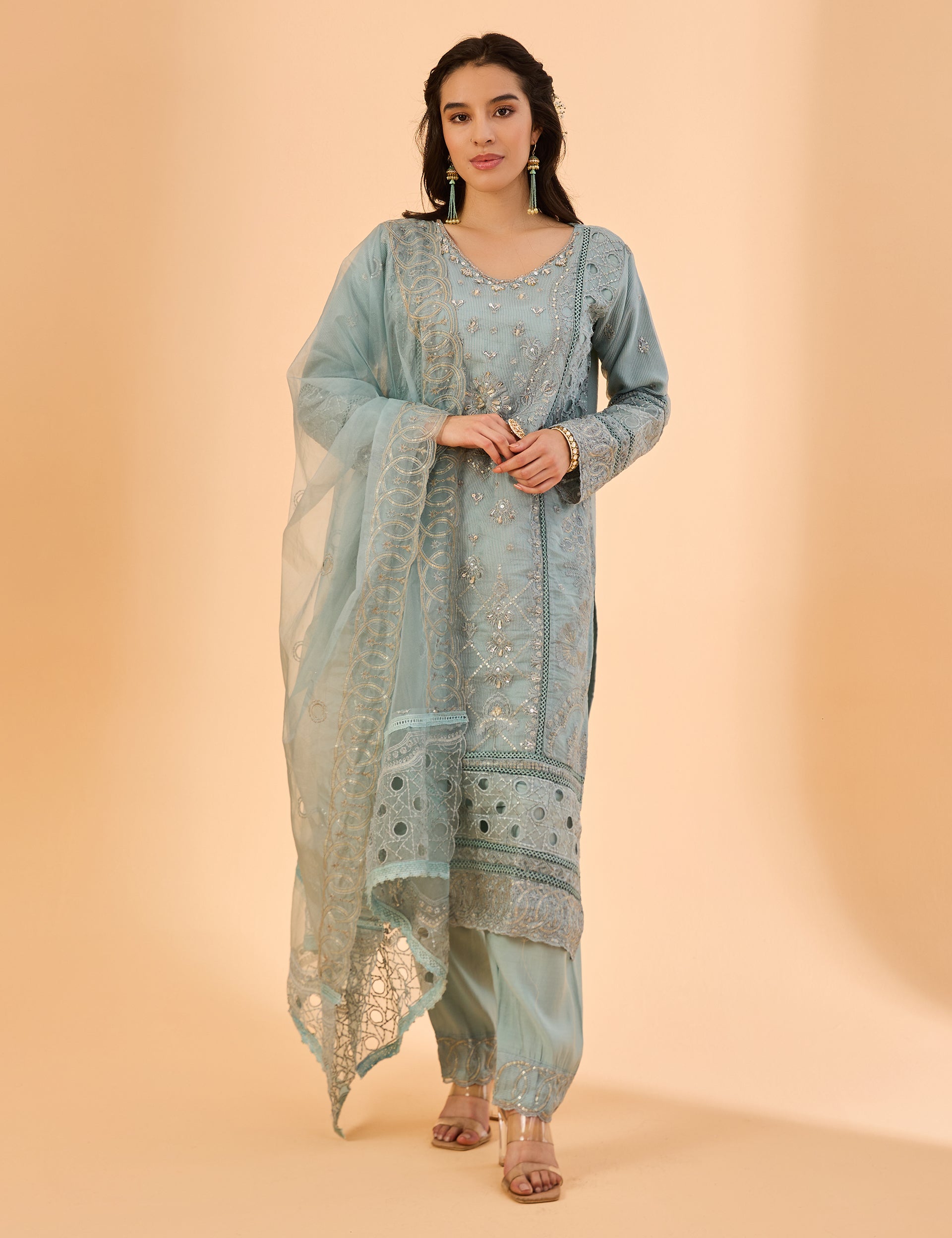 dhartii  Steel Blue Blossom Embroidered Ethnic Suit Set