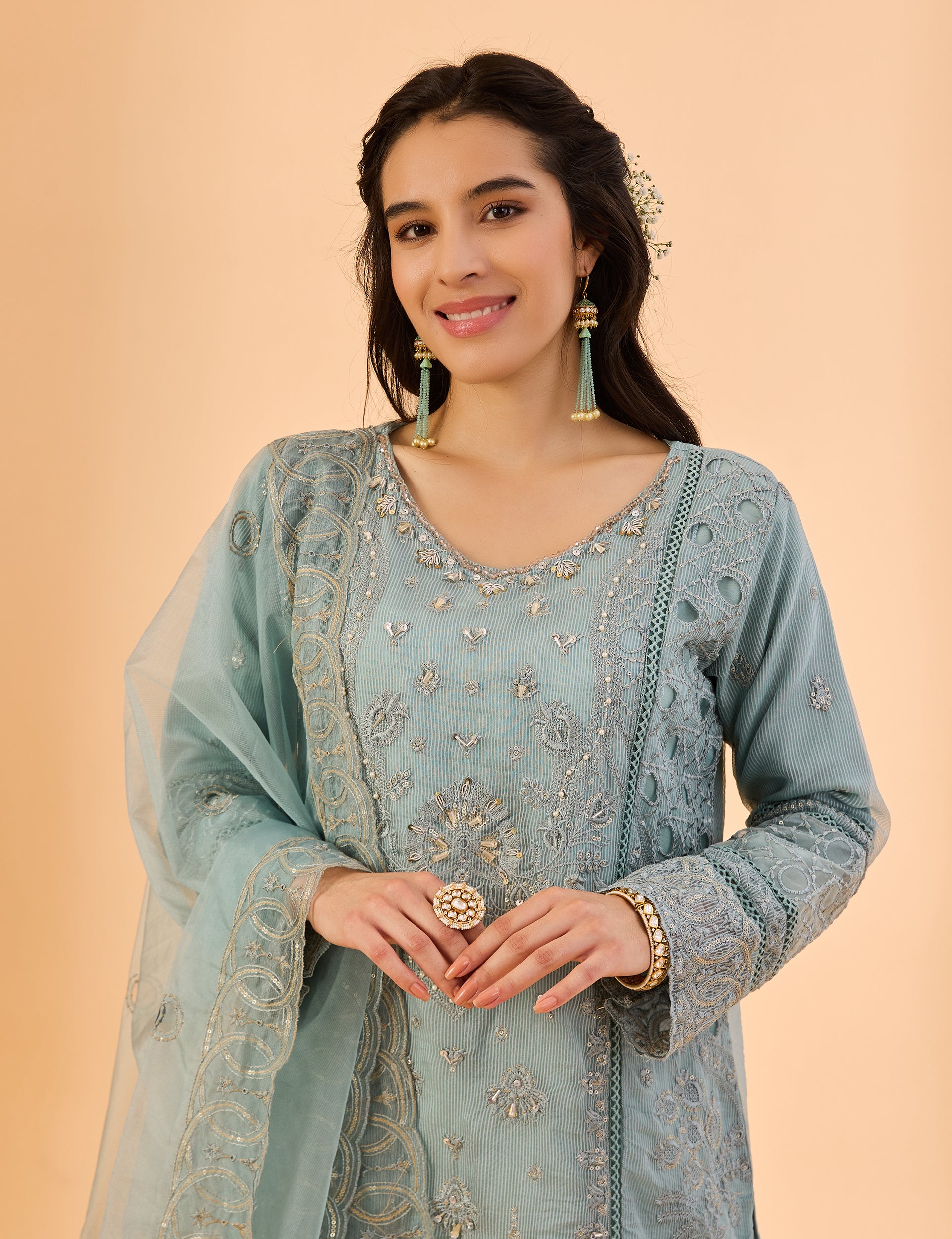dhartii  Steel Blue Blossom Embroidered Ethnic Suit Set