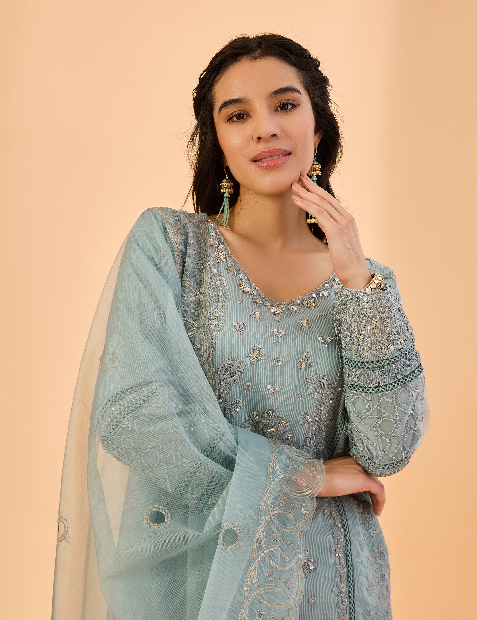 dhartii  Steel Blue Blossom Embroidered Ethnic Suit Set