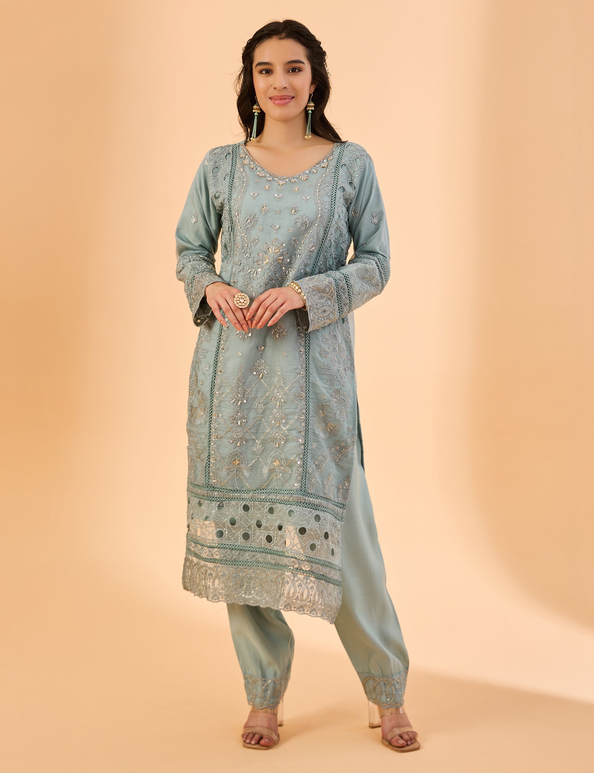 dhartii  Steel Blue Blossom Embroidered Ethnic Suit Set
