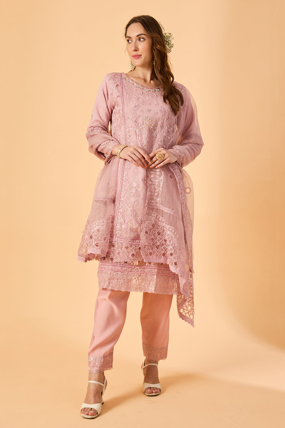 dhartii  Lilac Pink Ethnic Embroidered Organza Suit Set