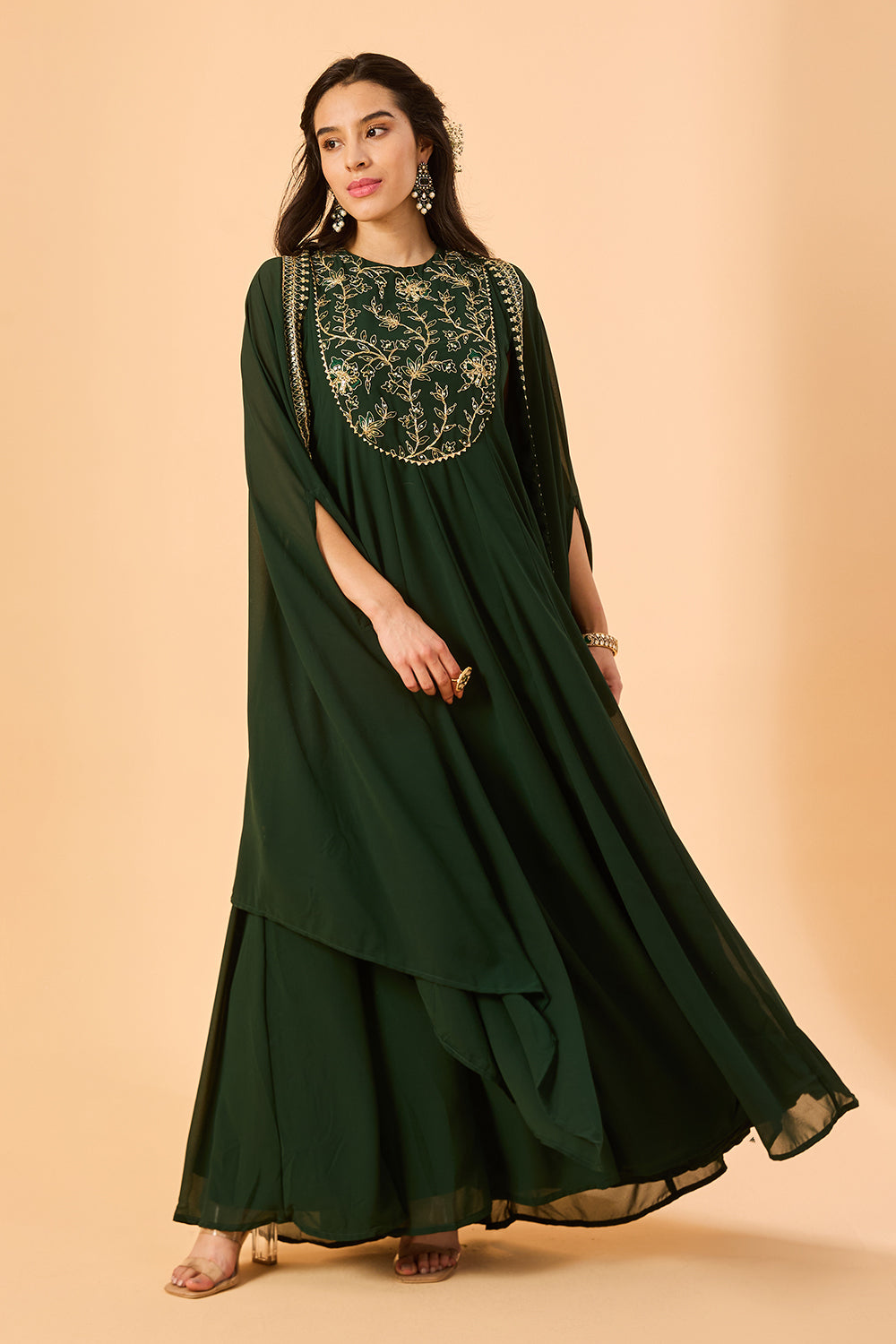 dhartii  Dark green Embroidered Georgette Fusion Set