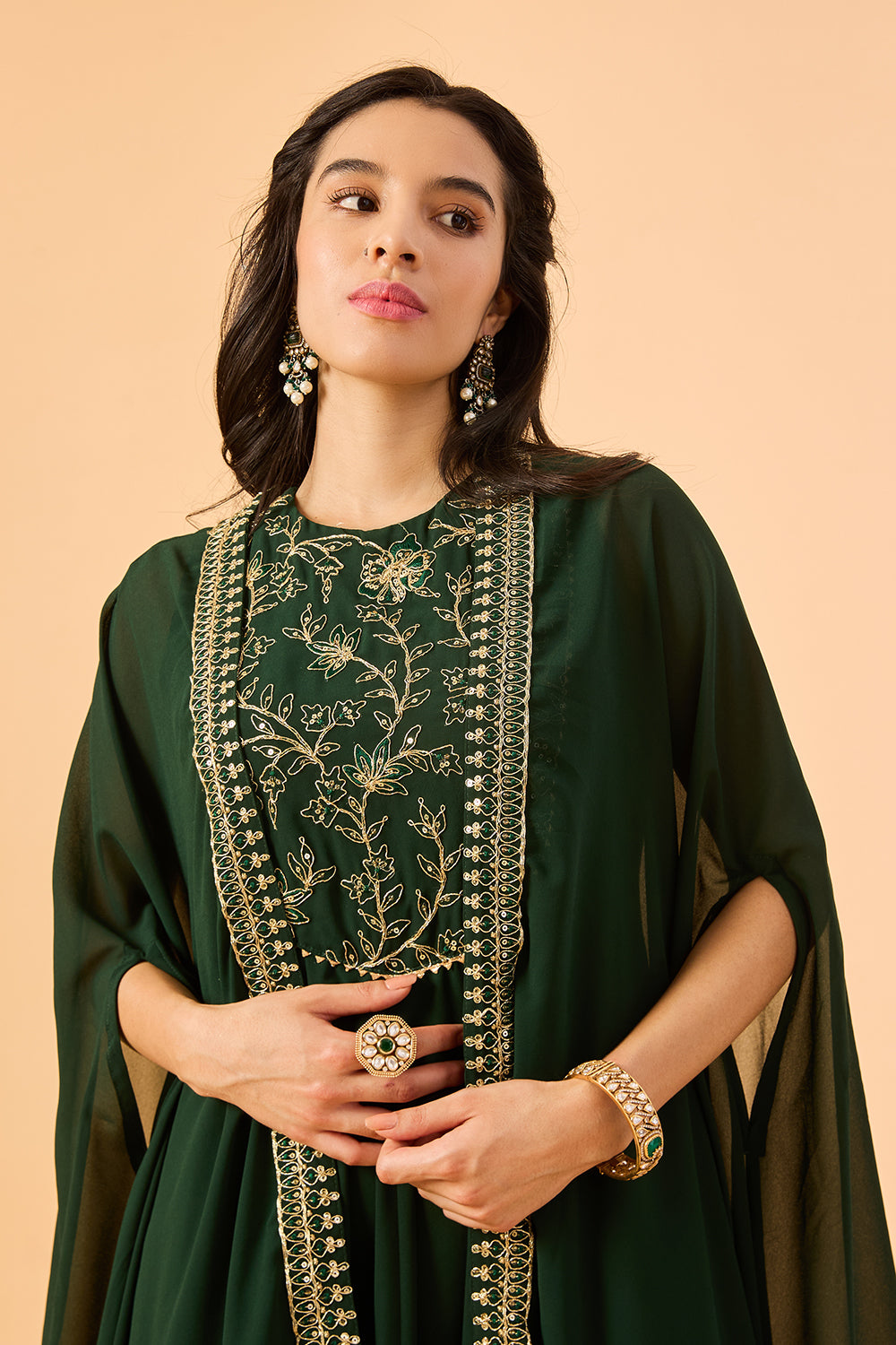 dhartii  Dark green Embroidered Georgette Fusion Set