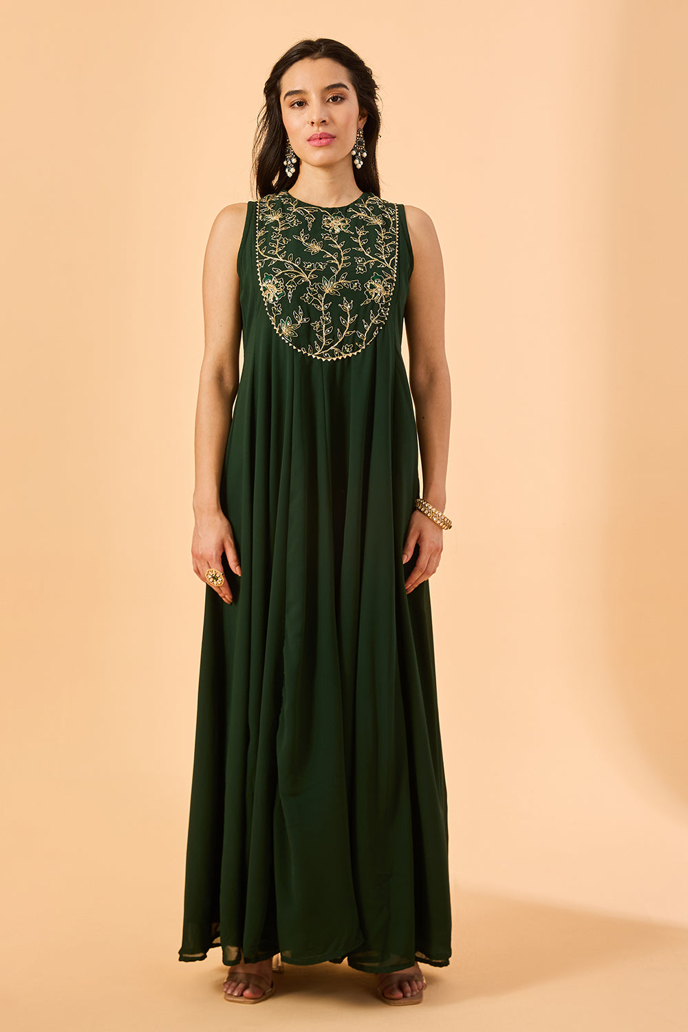 dhartii  Dark green Embroidered Georgette Fusion Set