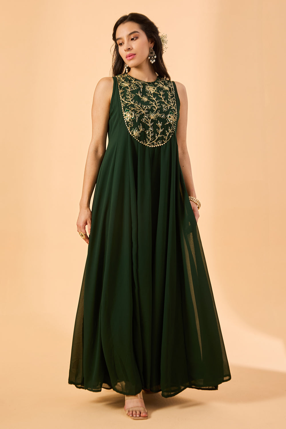 dhartii  Dark green Embroidered Georgette Fusion Set