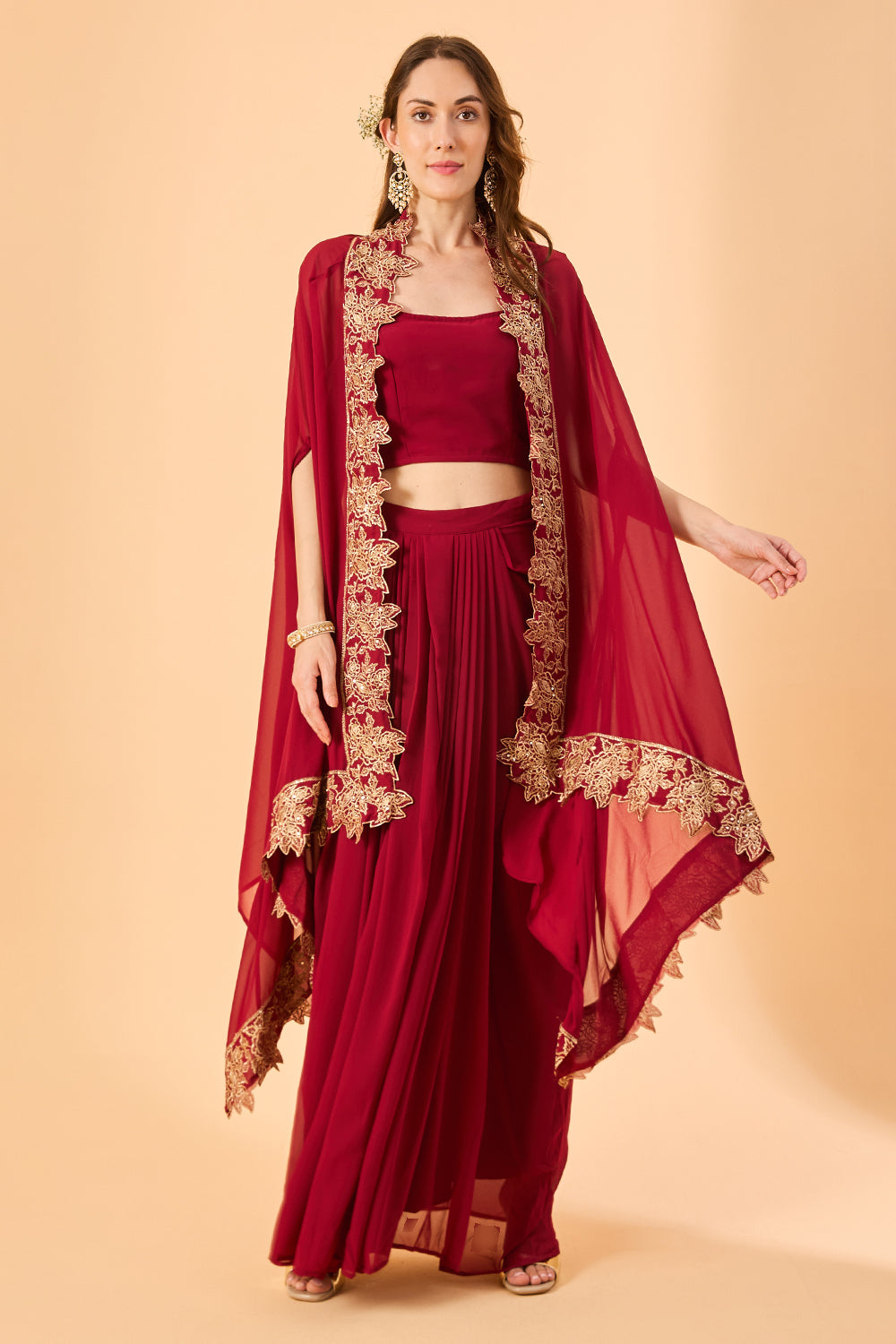 dhartii  Burgundy Embroidered Georgette Fusion Set