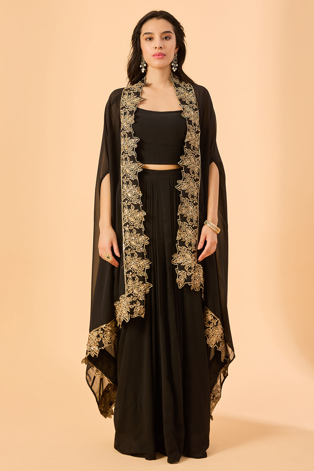 dhartii  Black Embroidered Georgette Fusion Set