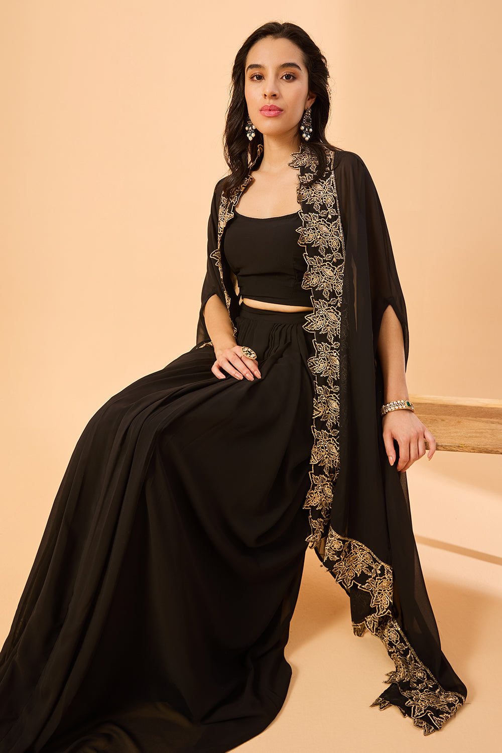 dhartii  Black Embroidered Georgette Fusion Set