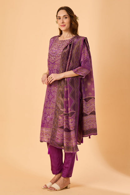dhartii  Purple Embroidered Silk Tissue Suit Set