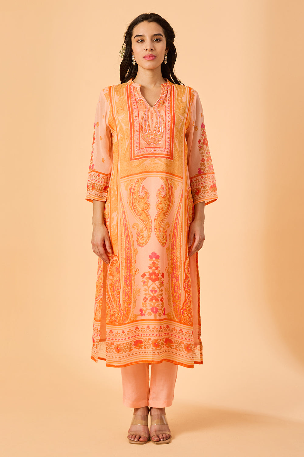 dhartii  Peach Floral Kurta Set with Dupatta