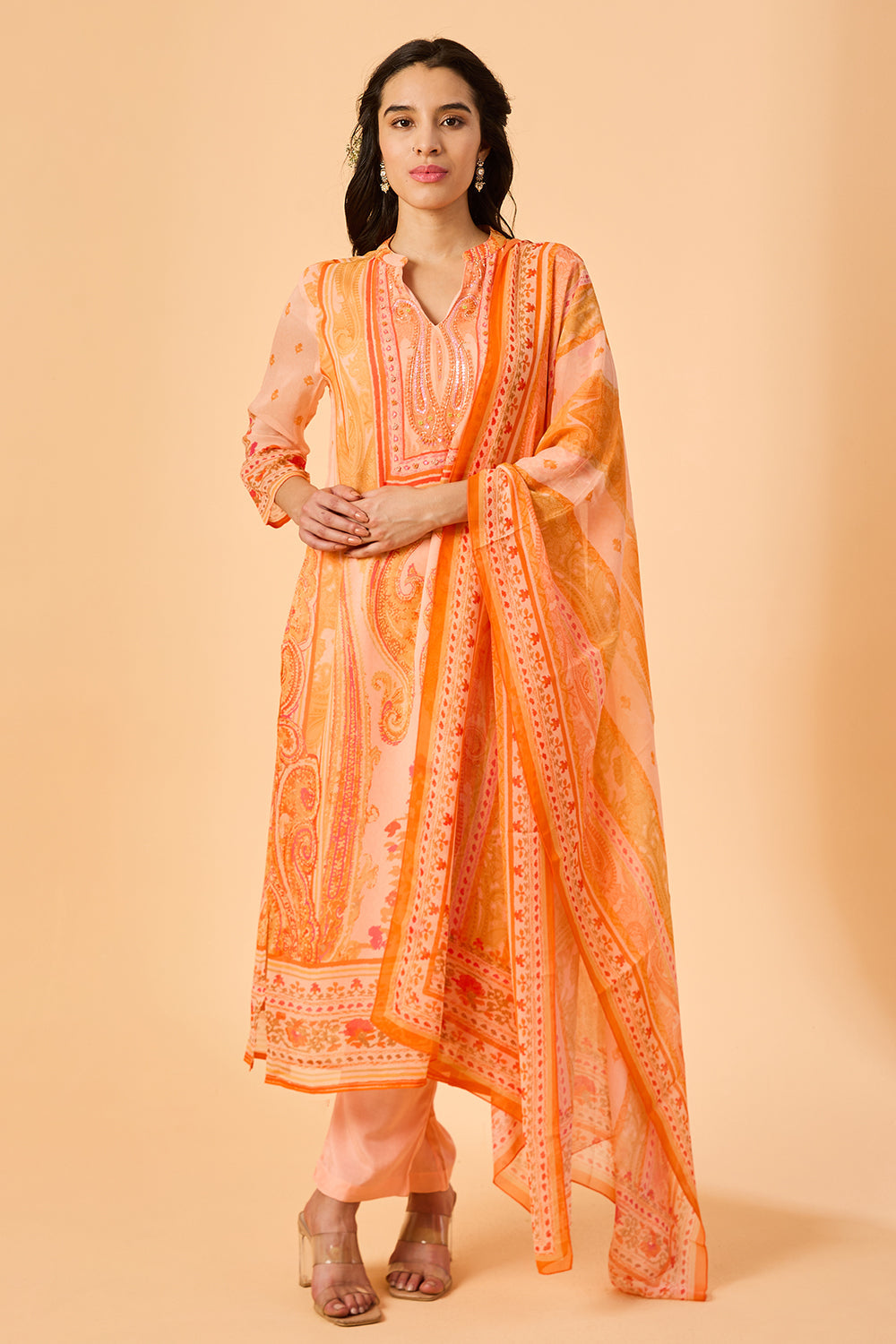 dhartii  Peach Floral Kurta Set with Dupatta