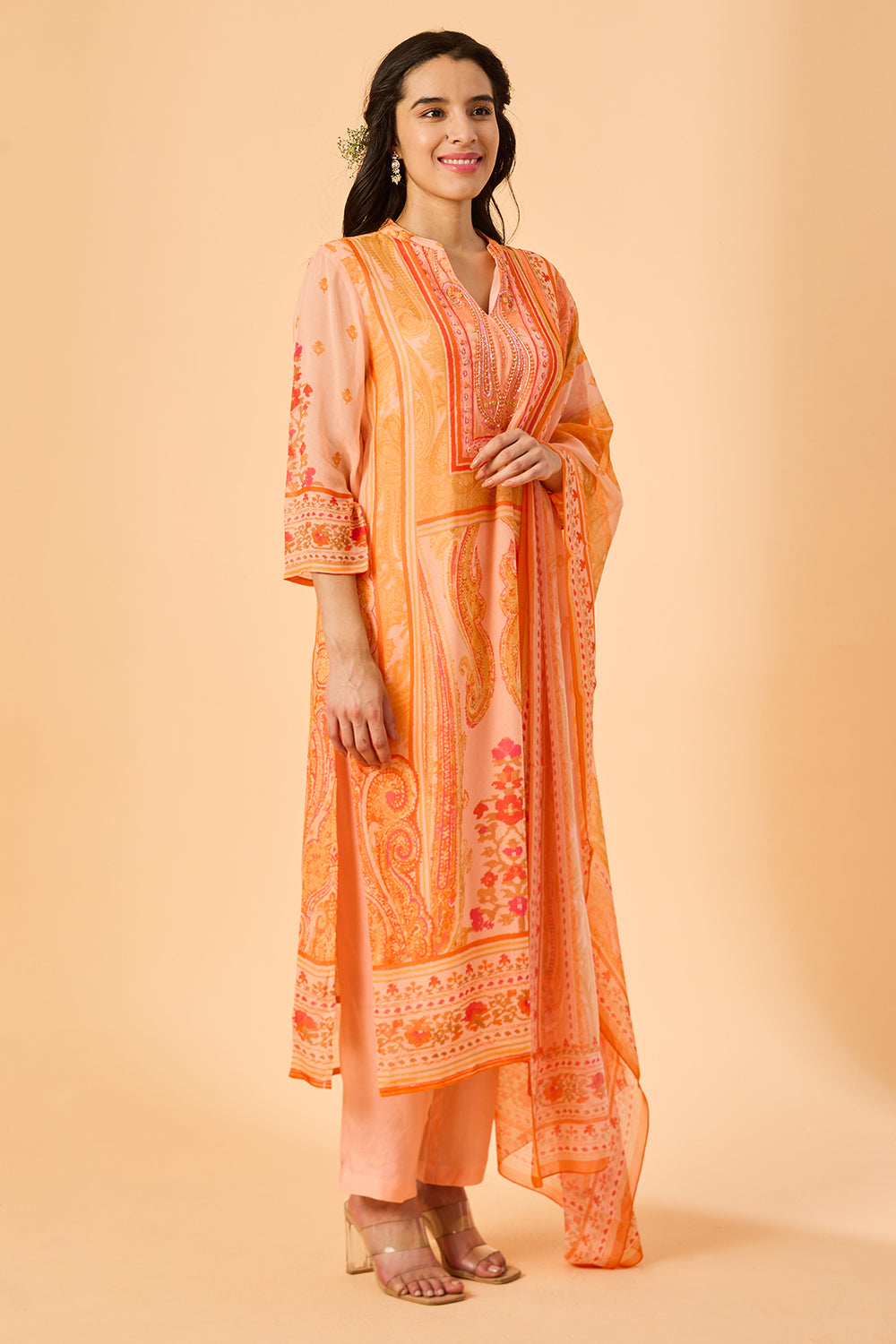dhartii  Peach Floral Kurta Set with Dupatta