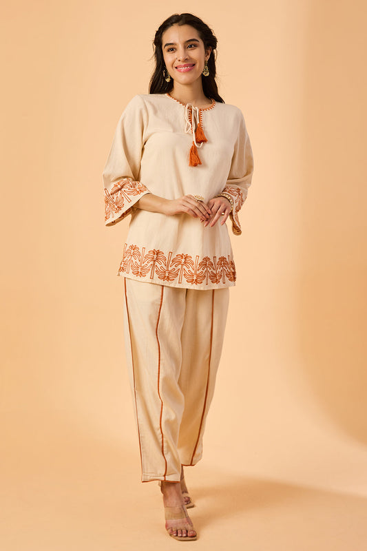 dhartii  Ivory Ease Embroidered Cotton Co-Ord Set