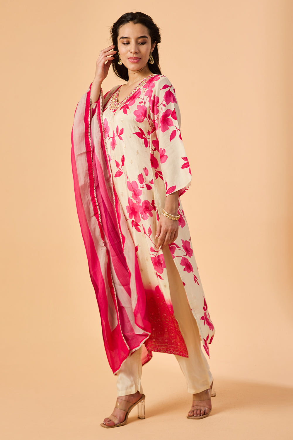 dhartii  Elegant pearl White Floral Silk Suit Set