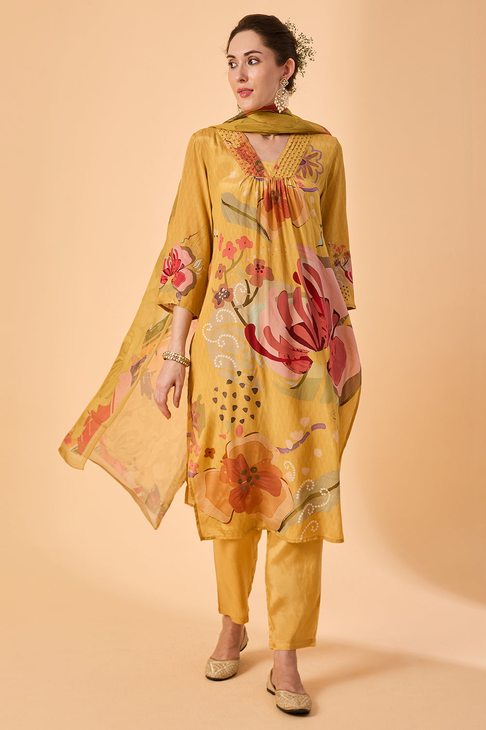 dhartii  Yellow Golden Haze Abstract floral printed Crepe Suit Set