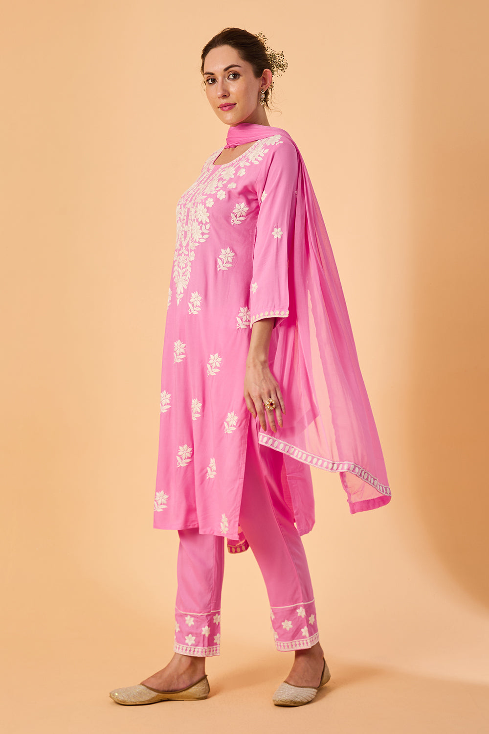 dhartii  Pink Embroidered Rayon Ethnic Suit Set