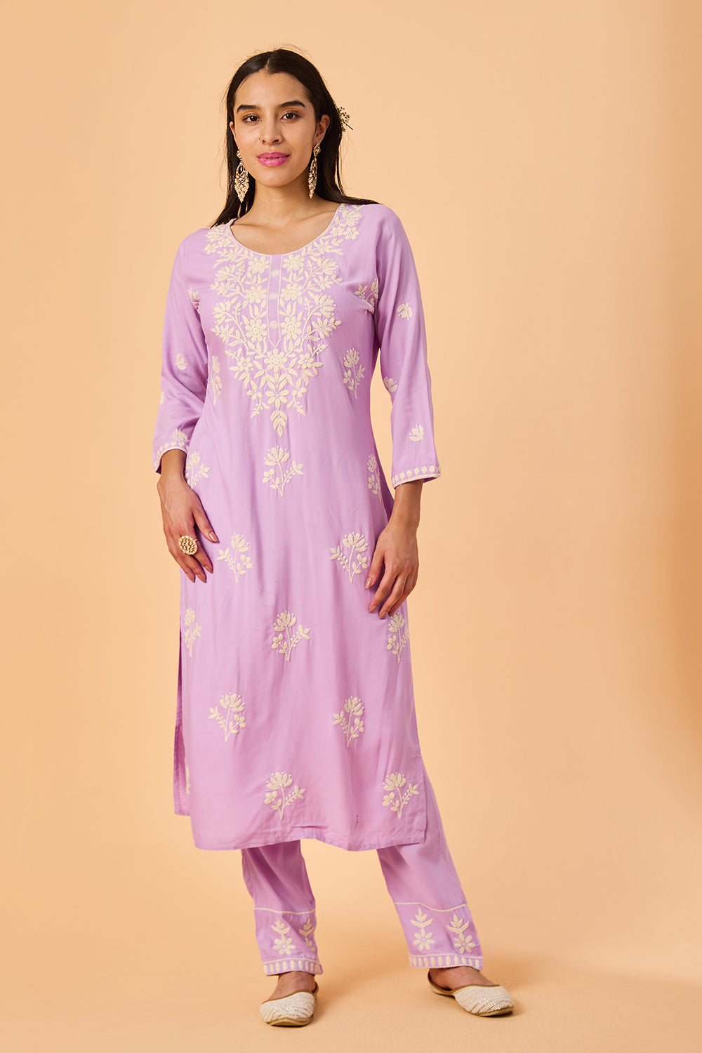 dhartii  Lavender Embroidered Rayon Suit Set