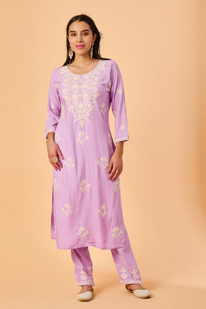dhartii  Lavender Embroidered Rayon Suit Set