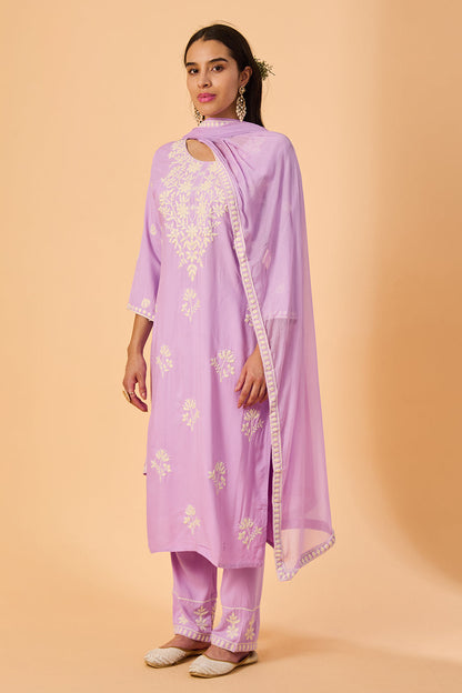 dhartii  Lavender Embroidered Rayon Suit Set