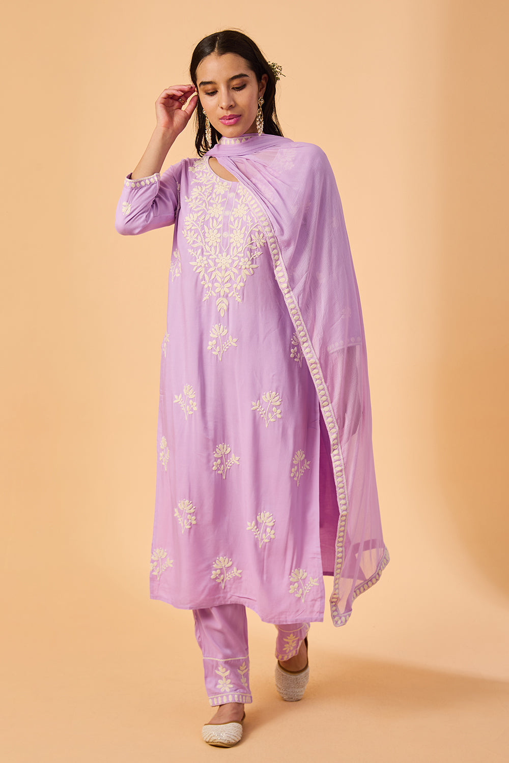 dhartii  Lavender Embroidered Rayon Suit Set