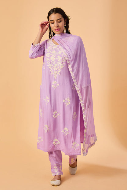 dhartii  Lavender Embroidered Rayon Suit Set