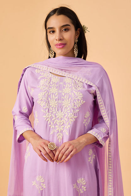 dhartii  Lavender Embroidered Rayon Suit Set