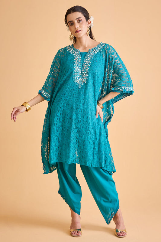 dhartii  Turquoise Blue Embroidered Kaftan Set