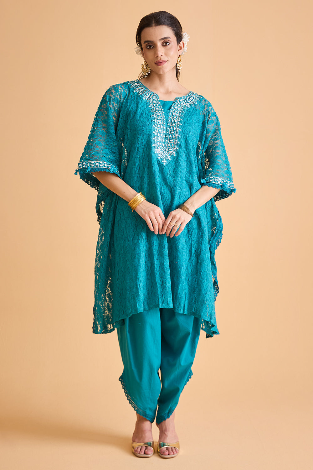 dhartii  Turquoise Blue Embroidered Kaftan Set